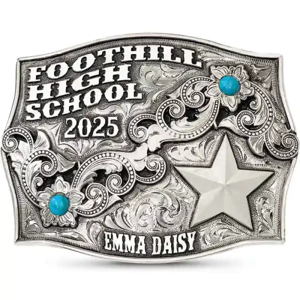 "Our Falcon buckle is expertly hand-engraved on a German Silver base and framed with a classic line edge. The centerpiece features an elegant floral design running through the middle, accented by hand-set large cubic zirconias at each end. To complet